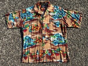 Vtg Network Hawaiian short sleeve Shirt Mens M brown shell Rayon aloha